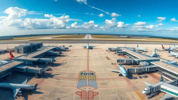 Expansive airport terminal view with planes and sky, illustrating flight refunds for canceled or delayed flight.