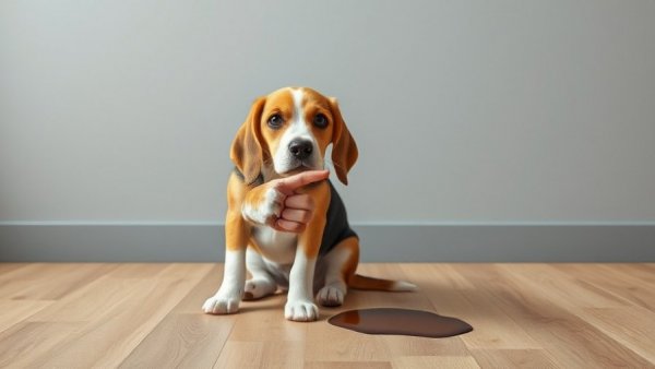 Beagle with urinary incontinence issue on wooden floor.