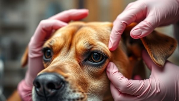 Veterinarian examining dog's eye discharge, close-up view.