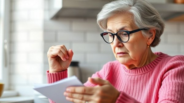 Elderly woman contemplating Social Security spousal benefits at home.