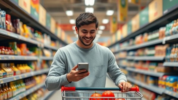 Smiling man using phone in grocery aisle to cut your grocery bill with AI.