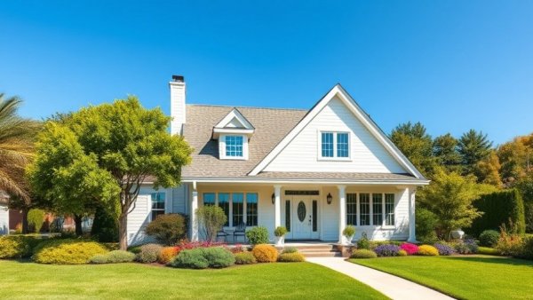 Modern suburban house showcasing new construction design, lush garden.