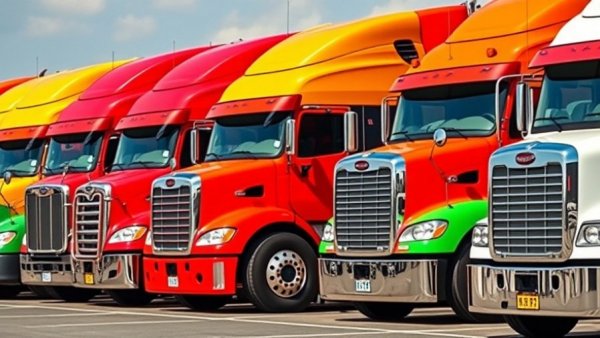 Parked semi-trucks at truck stop discussing immigration regulations.
