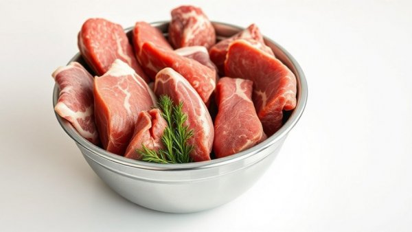 Assorted raw meats in a bowl for dogs and cats nutrition.