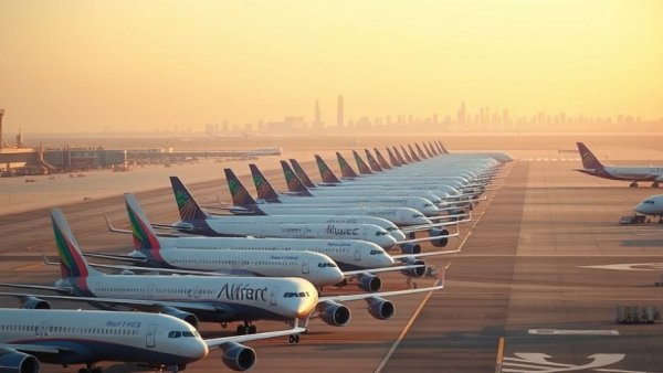 Line of airplanes on tarmac at sunrise indicating Dubai flight disruptions.