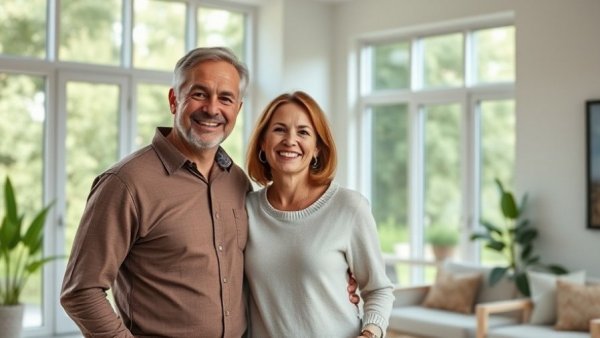 Middle-aged couple smiling warmly in modern home, illustrating biological aging.