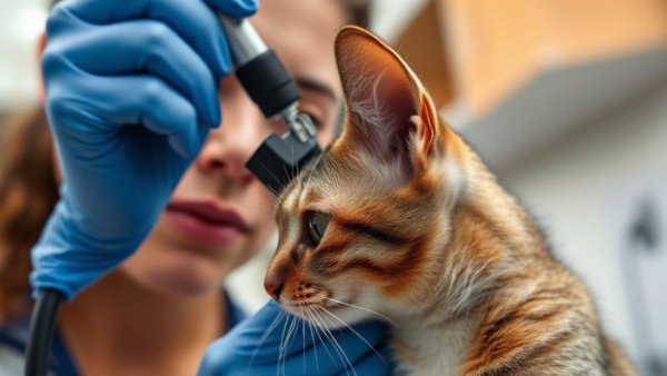 Veterinarian examining a cat's ear for ear tumors in a clinic.