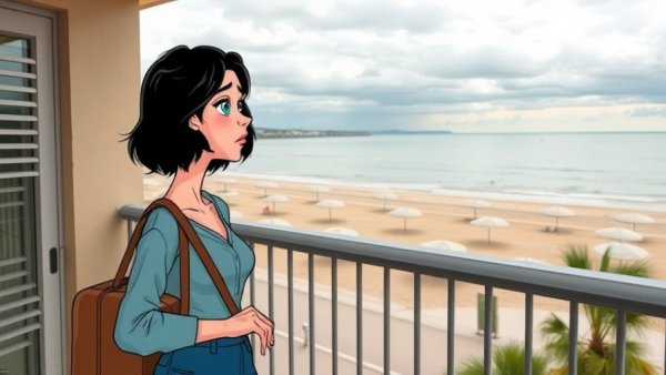 Cartoon of woman with suitcase during cheap off-season travel.