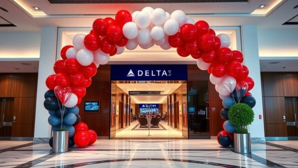Luxurious Delta Sky Club entrance with balloon decor.