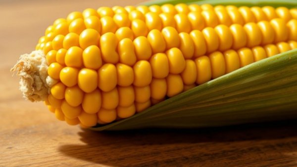 Close-up of yellow corn on a wooden table, corn in pet food health risks.