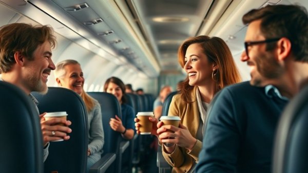 Passengers enjoying coffee on a flight, part of Rove Miles loyalty program benefits.