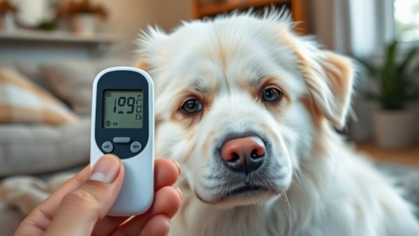 Fluffy dog with thermometer indicating dog fever symptoms.