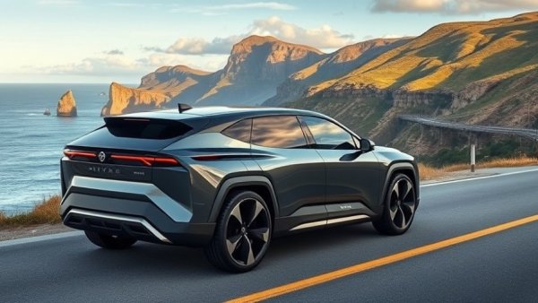 Sleek Rivian SUV on coastal road, showcasing futuristic design.