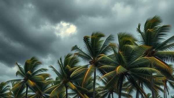 Wind-bending palm trees under stormy sky illustrating Kona storm travel safety.