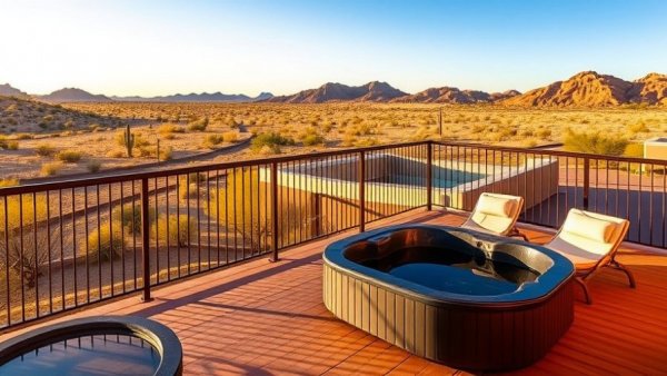 Desert Airbnb with hot tub and lounge chairs under clear sky
