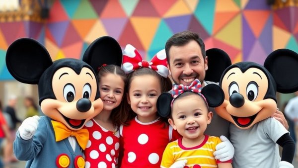 Family and Disney characters enjoying theme park background