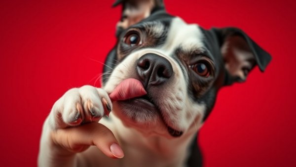 Black and white dog licking its nose, red background.