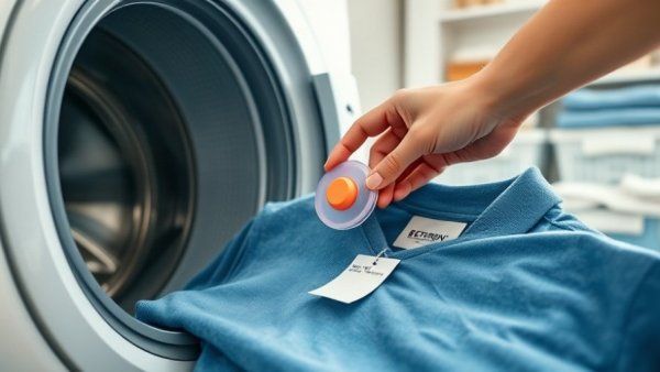 Hand placing detergent pod on new shirt in washing machine