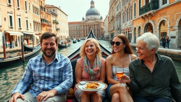 Multigenerational family enjoying travel in Venice, including gondola rides and sightseeing.