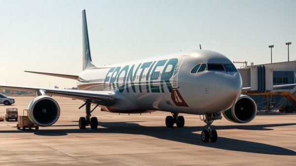 Frontier Airlines plane stationed at the airport with clear skies.