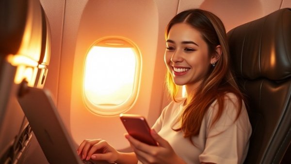 Woman enjoying flight entertainment, assessing travel costs.