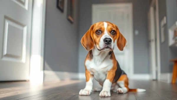 Beagle with a guilty look sitting indoors.
