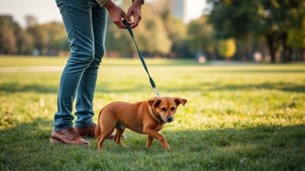 Person managing puppy poop problems in a park.