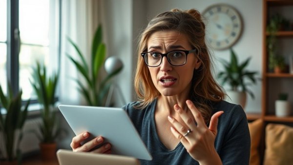 Concerned woman shocked at job search scams email, at home.