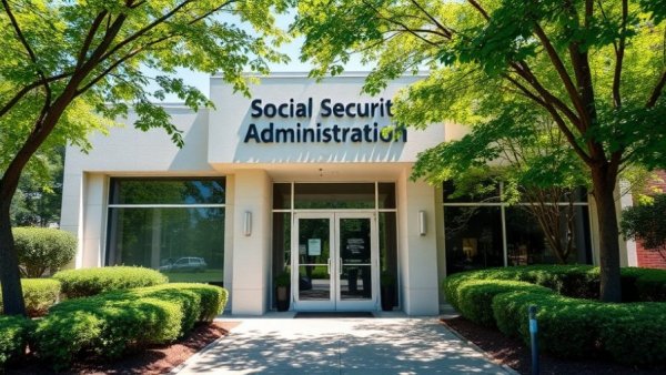 Social Security Administration office entrance under sunny sky.