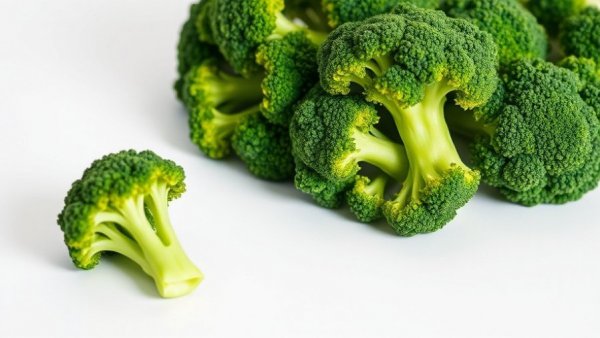 Fresh broccoli florets on white surface, food clarity.