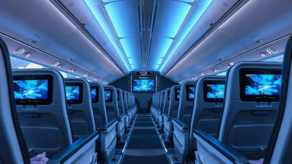 United Airlines modern coach cabin showcasing innovation and comfort.