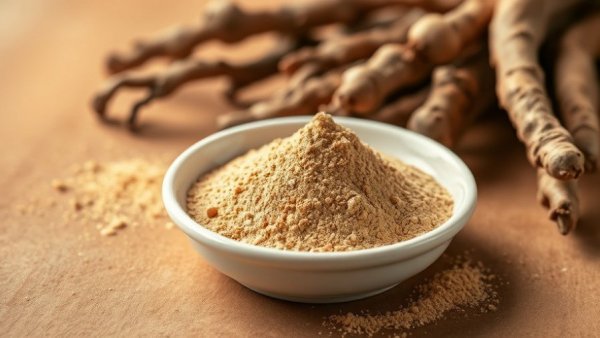 Ashwagandha powder and roots on brown surface, ashwagandha for pet stress.