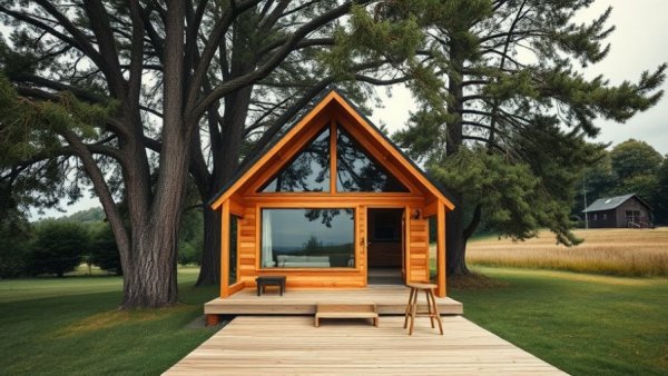 Charming tiny home with wooden exterior under trees and moody sky.