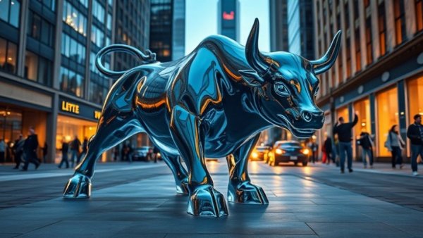 Glass bull sculpture in city representing bear market recovery.