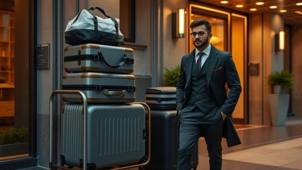 Man with stylish coat beside cart with Away luggage outside hotel, showcasing savings
