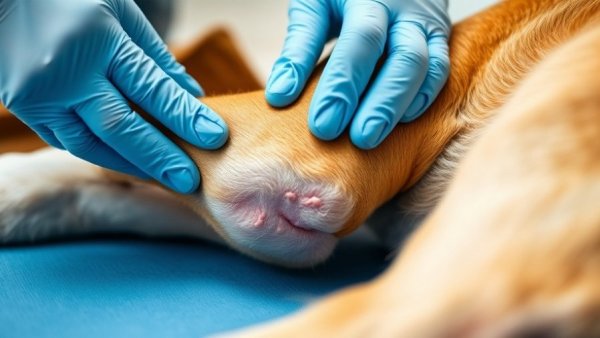 Dog with elbow hygroma being gently examined by a veterinarian.