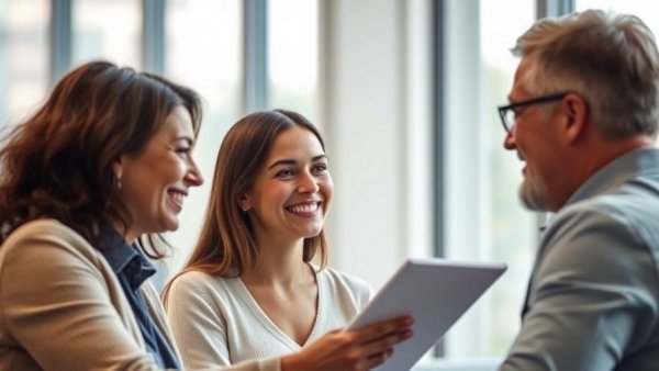 Couple discussing mortgage rate with advisor in modern office.