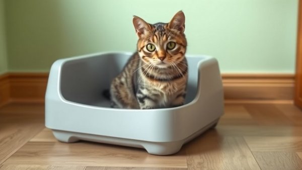 Tabby cat in litter box showing signs of cat constipation.