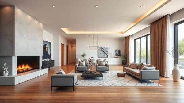 Modern living room with an elegant fireplace design and stylish decor.