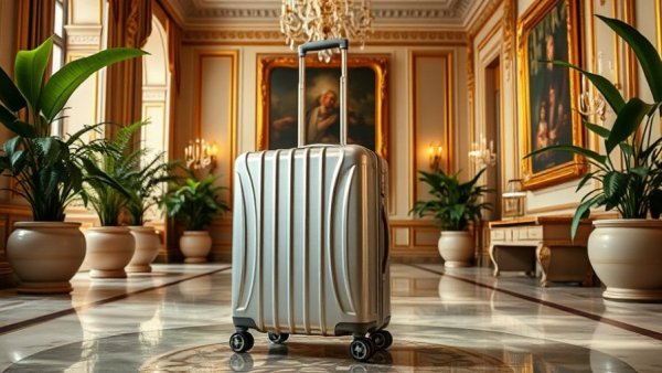 Carl Friedrik Aluminium Carry-On in luxurious hotel setting, surrounded by greenery.