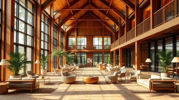 Inviting hotel lobby with modern wood design and cozy seating.