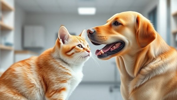Adorable cat and dog in a clinic, promoting PEMF therapy for pets.