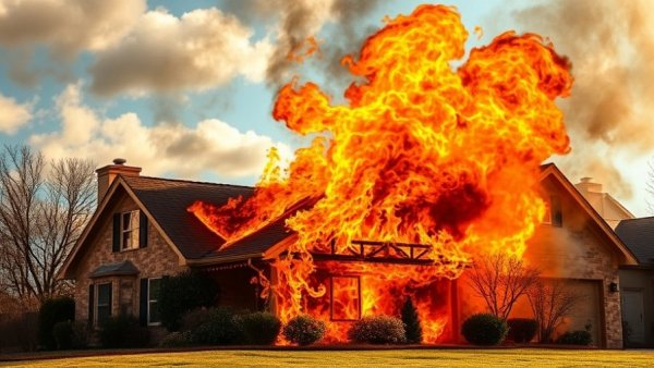 Blazing house illustrating the need for fire prevention tips for homeowners.