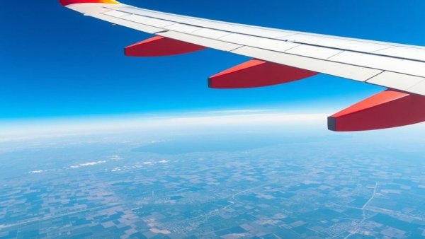 Southwest Airlines wing with colorful tip against blue sky.