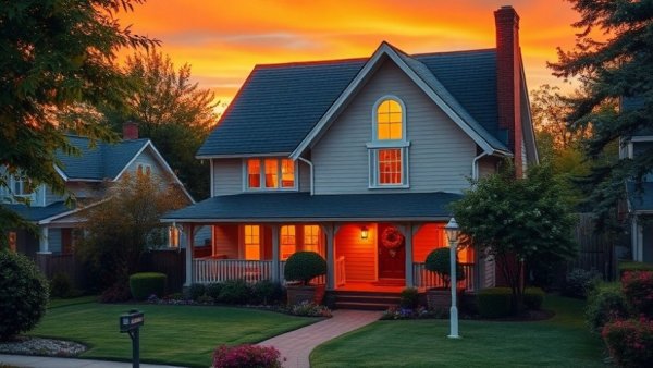 Charming suburban house at sunset illustrating property taxes by state.