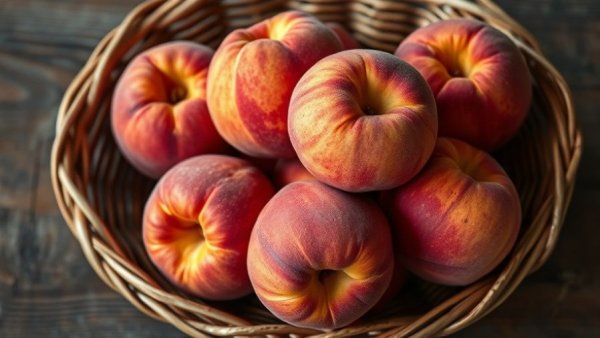 Basket of ripe peaches on rustic wooden table