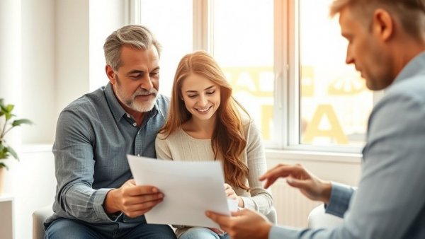 Couple discussing documents needed for mortgage preapproval with advisor in office.
