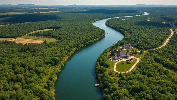 Aerial view of Austin luxury living by a scenic river.