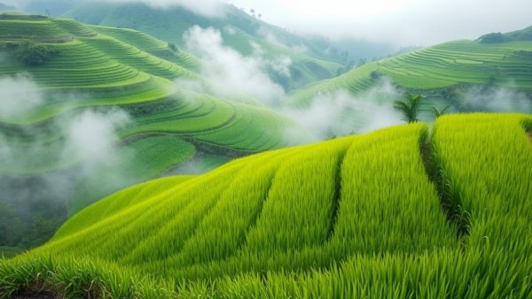Scenic view of Niigata's terraced rice fields with morning mist
