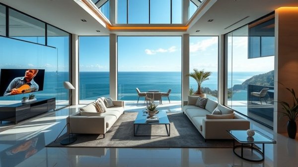 Luxurious glass villa overlooking Ireland's coast with elegant interior.